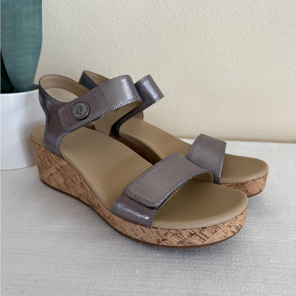 New ABEO Metallic Adjustable Leather Strap Sandals with Cork Wedge